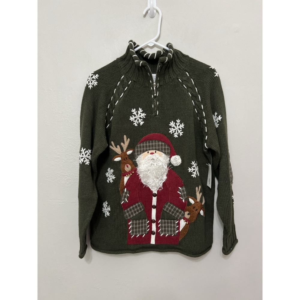 Mandal Bay Womens Green Cotton Blend Christmas Santa Sweater L Patchwork Granny